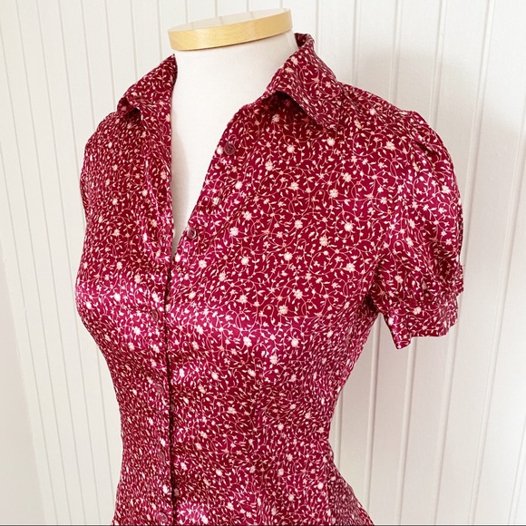 MNG Maroon Red Cream Floral Short Sleeve Button Down Fitted Top Shirt Size 2 - Picture 2 of 8